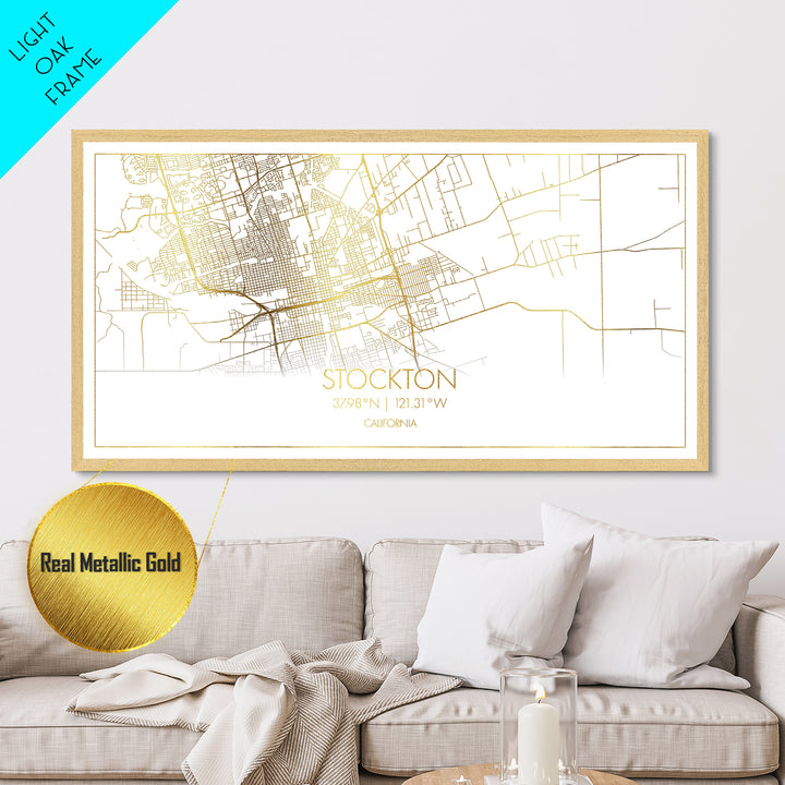 Stockton California City street map, Metallic Gold Print, Metal Art, wood framed map, black and gold, Street Map Art, Modern Wall Art