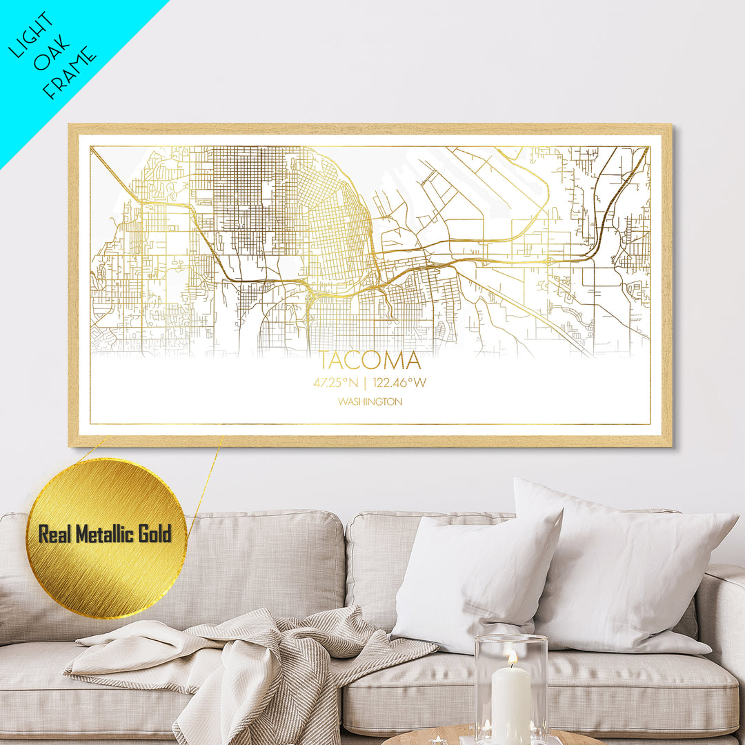 Tacoma Washington City Poster, Metallic Gold Art, Metal Art, real wood frames, black and gold, Street Map Wall Art, College Dorm Décor