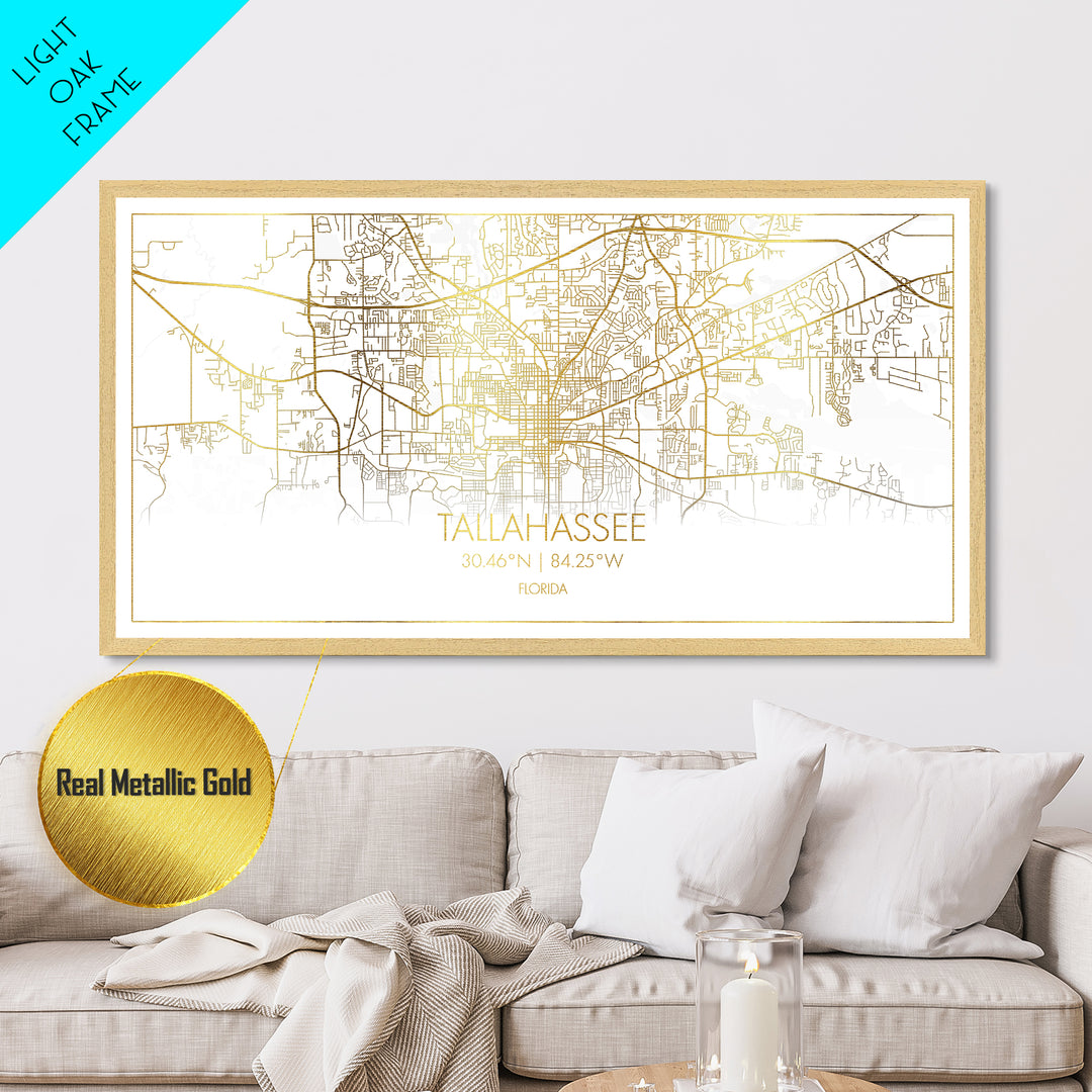 Tallahassee Florida City street map, Metallic Gold Print, Metal Art, wood framed map, black and gold, Street Map Art, Office Decor