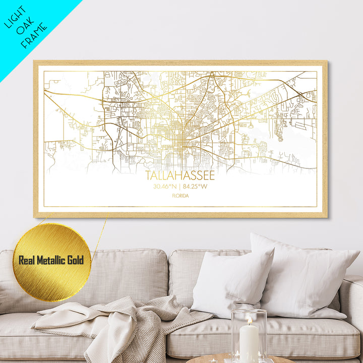 Tallahassee Florida City street map, Metallic Gold Print, Metal Art, wood framed map, black and gold, Street Map Art, Office Decor