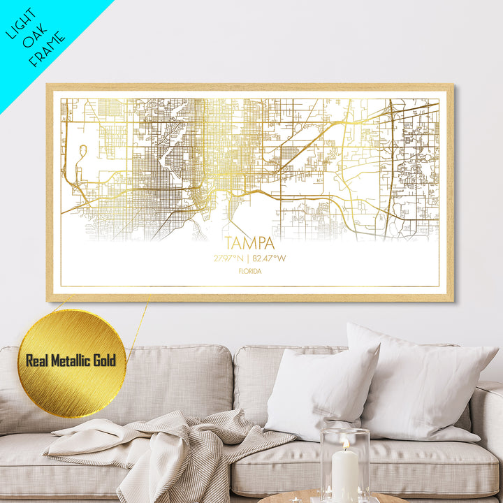 Tampa Florida City Poster, Metallic Gold Art, Metal Art, real wood frames, black and gold, Street Map Wall Art, Real Wood Frames
