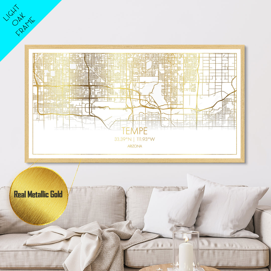 Tempe Arizona City street map, Metallic Gold Print, Metal Art, wood framed map, black and gold, Street Map Art, Modern Wall Art