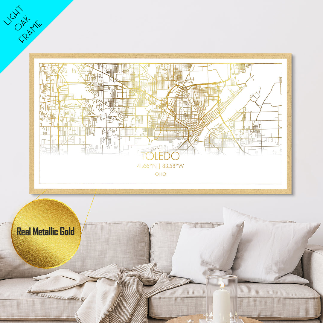 Toledo Ohio City street map, Metallic Gold Print, Metal Art, wood framed map, black and gold, Street Map Art, Gold Street Map Art