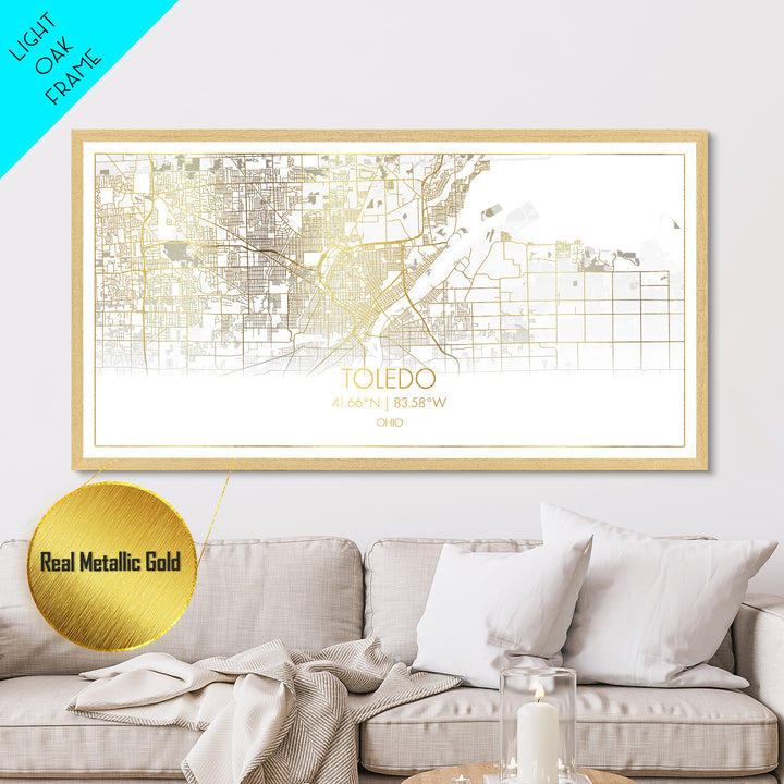Toledo Ohio City Poster, Metallic Gold Art, Metal Art, real wood frames, black and gold, Street Map Wall Art, Real Wood Frames