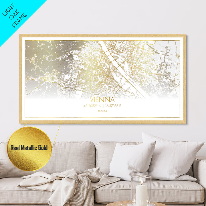 Vienna Austria City street map, Metallic Gold Print, Metal Art, wood framed map, black and gold, Street Map Art, Map Print Poster