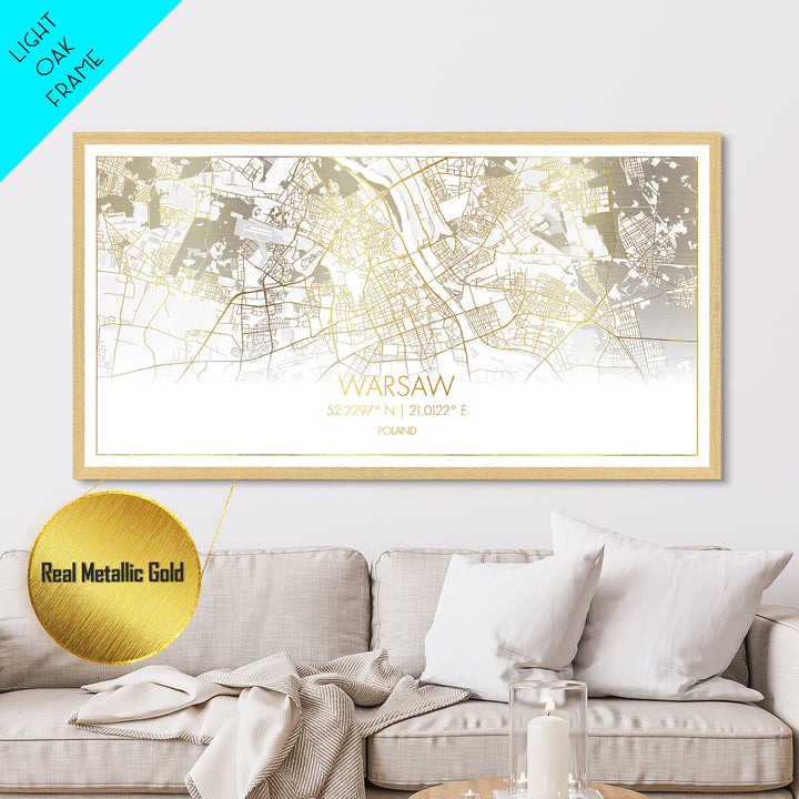Warsaw Poland City street map, Metallic Gold Print, Metal Art, wood framed map, black and gold, Street Map Art, Real Wood Frames