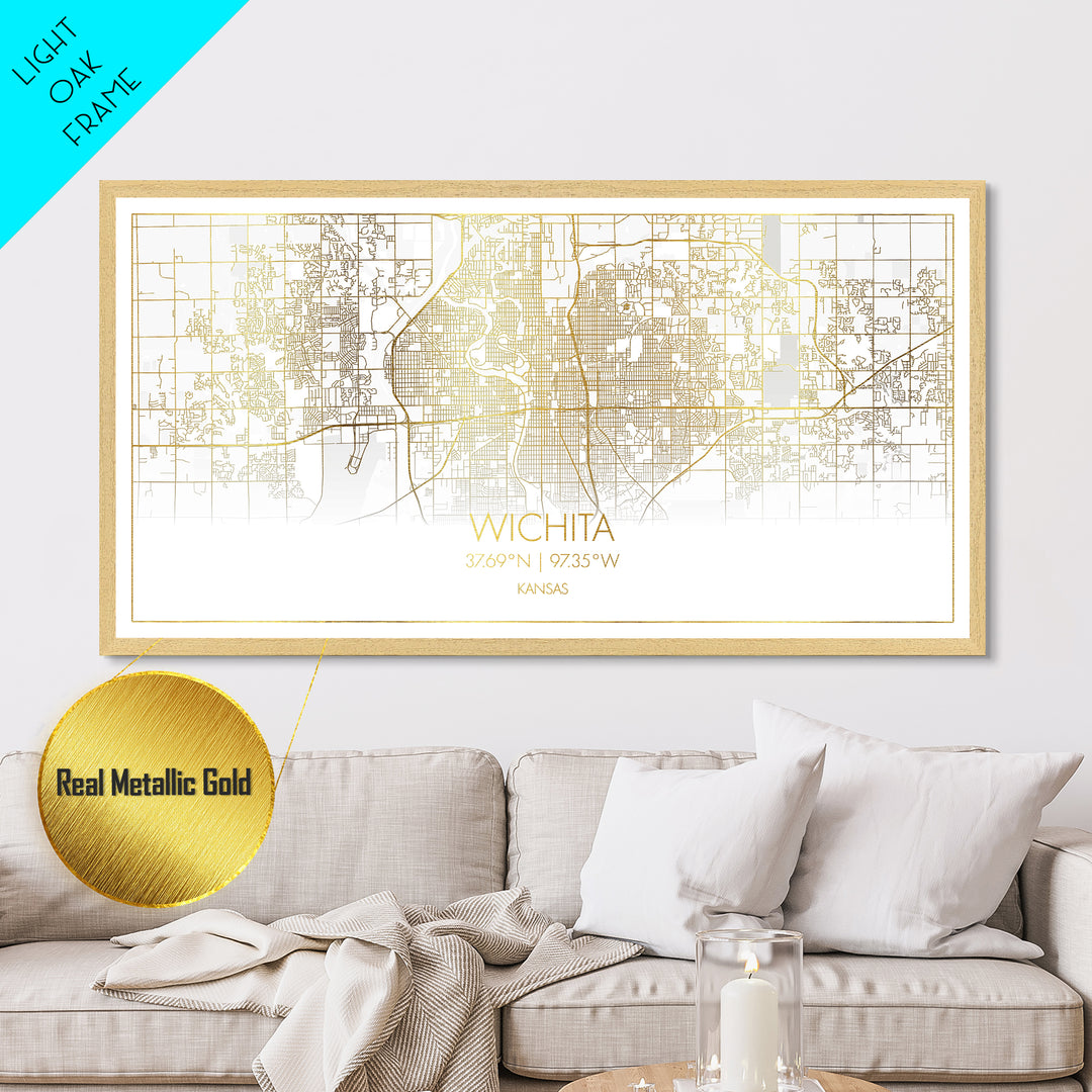 Wichita Kansas City street map, Metallic Gold Print, Metal Art, wood framed map, black and gold, Street Map Art, Minimalist Wall Art