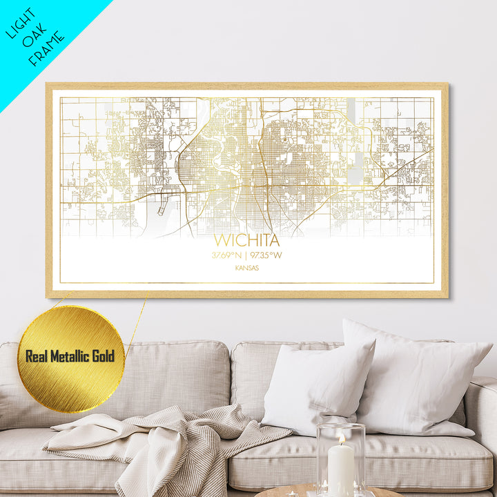 Wichita Kansas City street map, Metallic Gold Print, Metal Art, wood framed map, black and gold, Street Map Art, Minimalist Wall Art