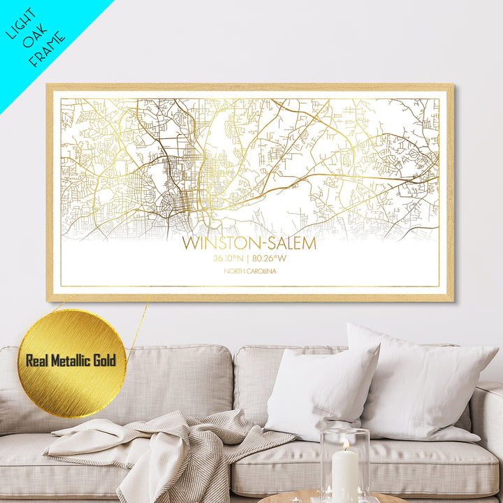 Winston Salem North Carolina City Poster, Metallic Gold Art, Metal Art, real wood frames, black and gold, Street Map Wall Art, Housewarming Gift