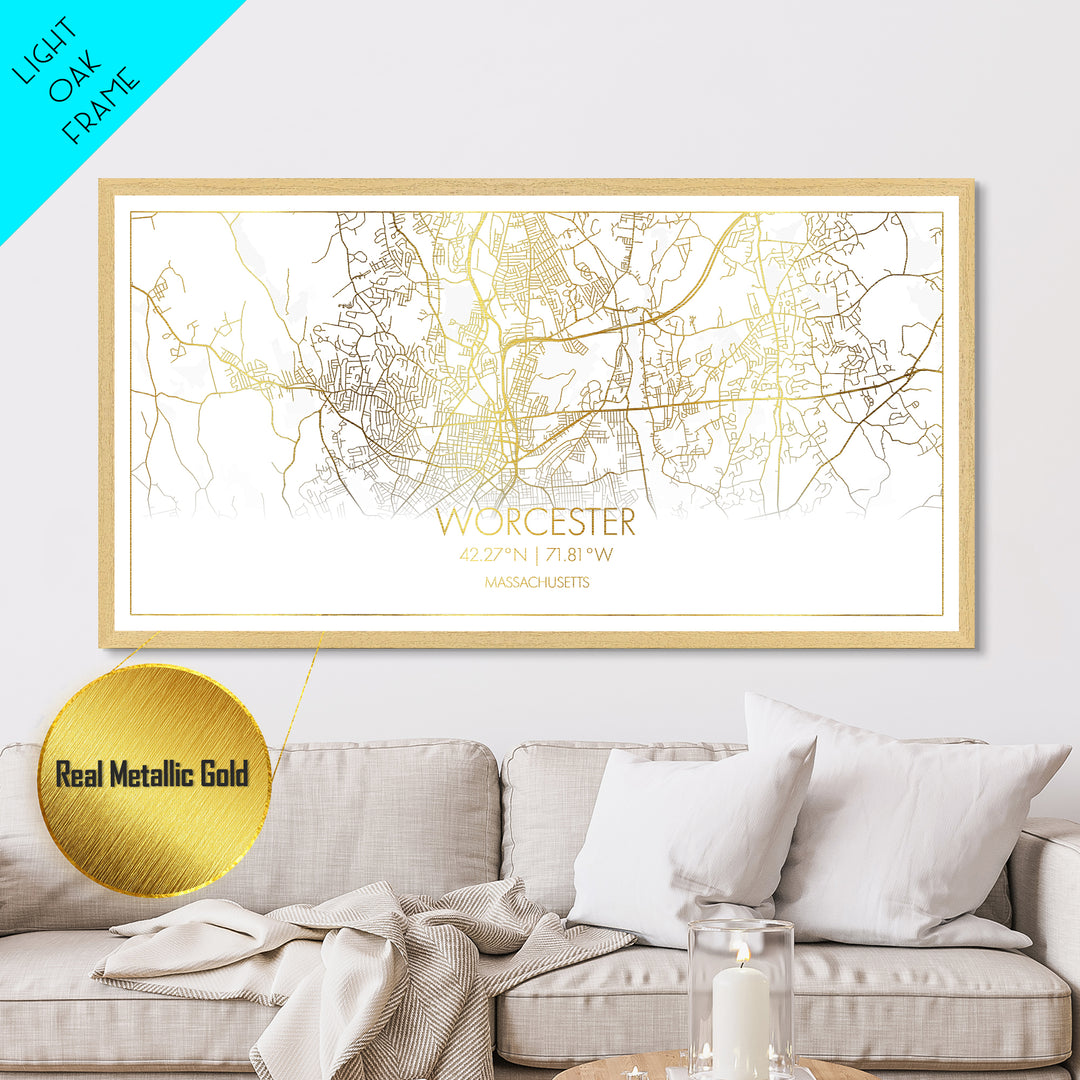 Worcester Massachusetts City street map, Metallic Gold Print, Metal Art, wood framed map, black and gold, Street Map Art, Modern Wall Art