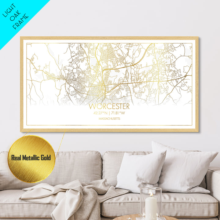 Worcester Massachusetts City street map, Metallic Gold Print, Metal Art, wood framed map, black and gold, Street Map Art, Modern Wall Art