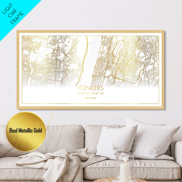 Yonkers New York City Poster, Metallic Gold Art, Metal Art, real wood frames, black and gold, Street Map Wall Art, Real Wood Frames