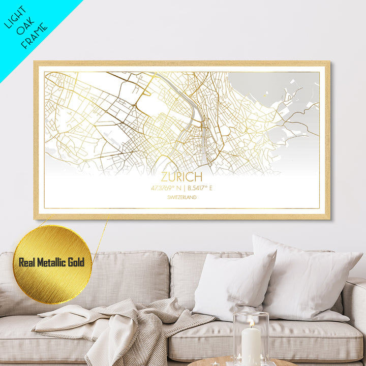 Zurich Switzerland City street map, Metallic Gold Print, Metal Art, wood framed map, black and gold, Street Map Art, Best Friend Gifts