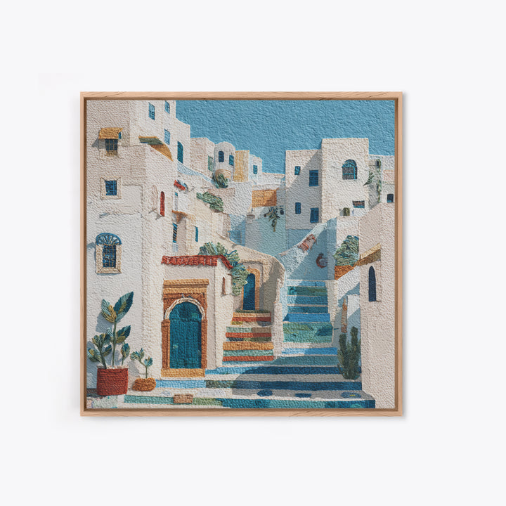 Greek Island White Buildings Above Blue Sea Framed Canvas Print, Mediterranean Art, Beach Wall Art, Living Room Decor, Azure, MAR-1x1-1