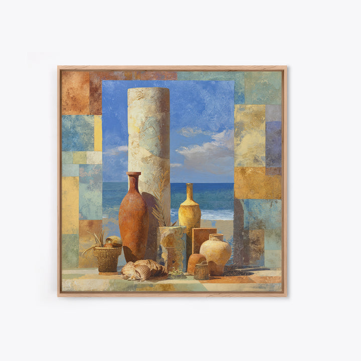 Ancient Column with Sea and Sky Beyond Framed Canvas Print, Mediterranean Art, Oil Painting, Living Room Decor, Fine Art, Azure, MAR-1x1-12