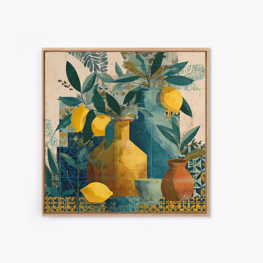 Olive Branch and Lemons on Terracotta Ground Canvas Print, Mediterranean Art, Minimalist Wall Art, Living Room Decor, Azure, MAR-1x1-26
