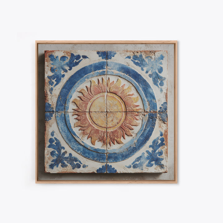 Blue and White Tile Pattern Framed Canvas Print, Mediterranean Art, Digital Print, Living Room Decor, Oil Painting, Azure, MAR-1x1-28