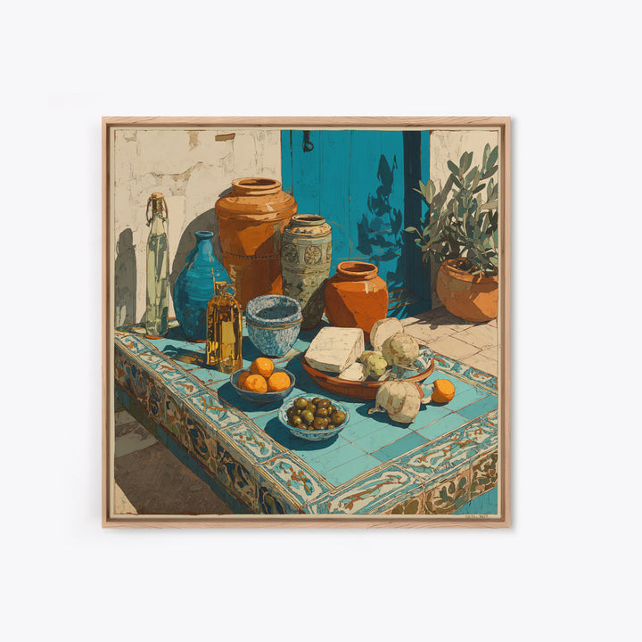 Figs Olives and Cheese Still Life Framed Canvas Print, Mediterranean Art, Gallery Decor, Living Room Decor, Fine Art, Azure, MAR-1x1-32