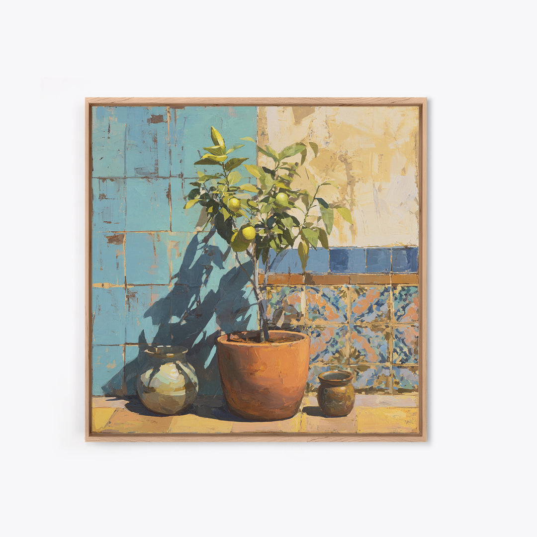 Citrus Tree in Clay Pot Framed Canvas Print, Mediterranean Art, Landscape Painting, Living Room Decor, Watercolor Art, Azure, MAR-1x1-34