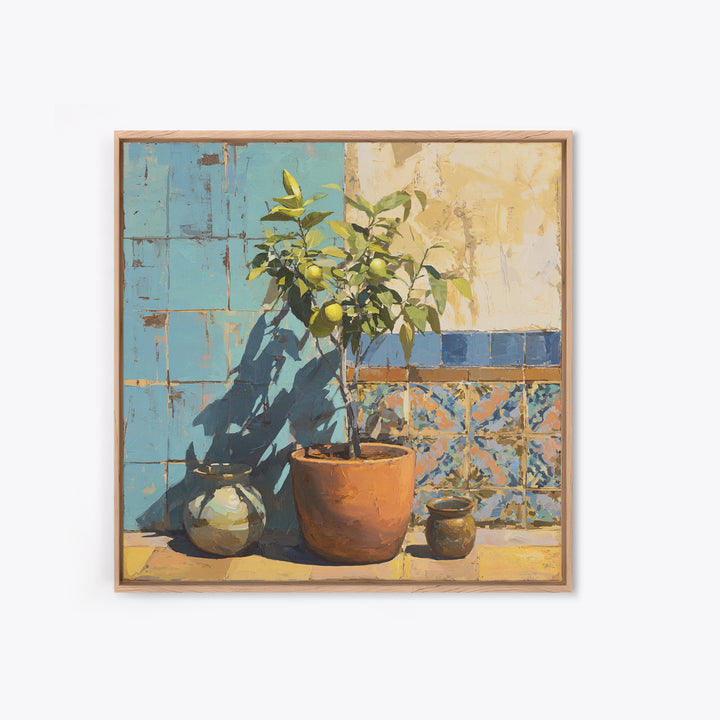 Citrus Tree in Clay Pot Framed Canvas Print, Mediterranean Art, Landscape Painting, Living Room Decor, Watercolor Art, Azure, MAR-1x1-34