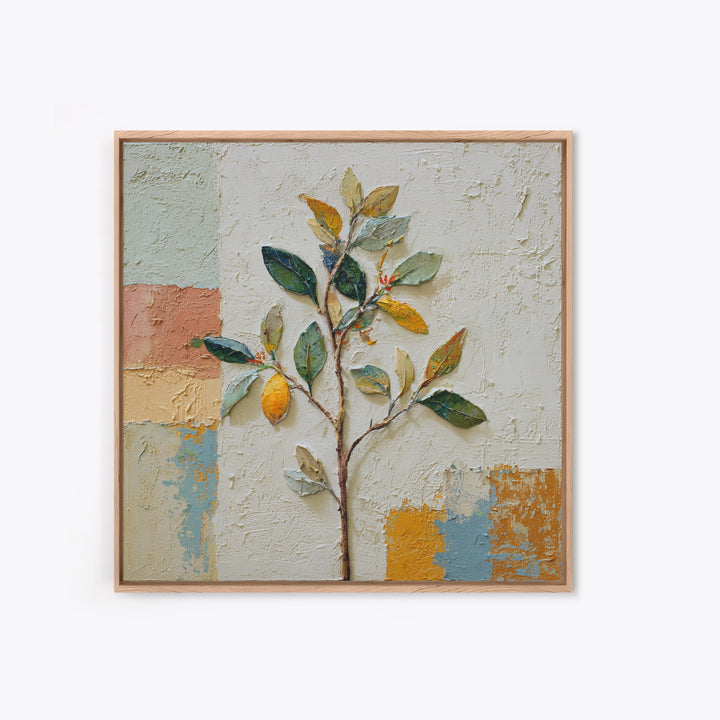 Sicilian Lemon Branch on Ivory Background Framed Canvas Print, Mediterranean Art, Gallery Wall Art, Living Room Decor, Azure, MAR-1x1-37