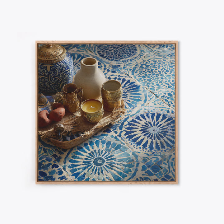 Blue and White Tile Pattern Canvas Print, Mediterranean Art, Printable Wall Art, Living Room Decor, Watercolor Art, Azure, MAR-1x1-4
