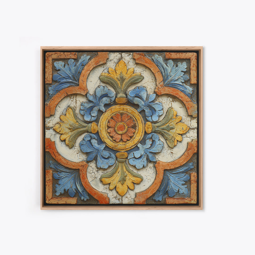 Spanish Tile Ornament Framed Canvas Print, Mediterranean Art, Luxury Decor, Living Room Decor, Fine Art, Azure, Framed Wall Art, MAR-1x1-40
