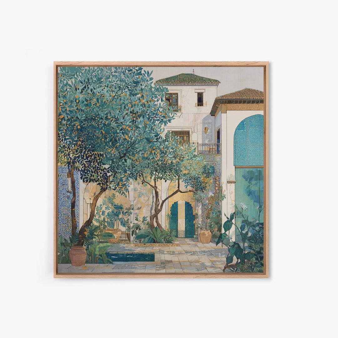Olive Grove under Pale Morning Light Framed Canvas Print, Mediterranean Art, Landscape Wall Art, Living Room Decor, Azure, MAR-1x1-41