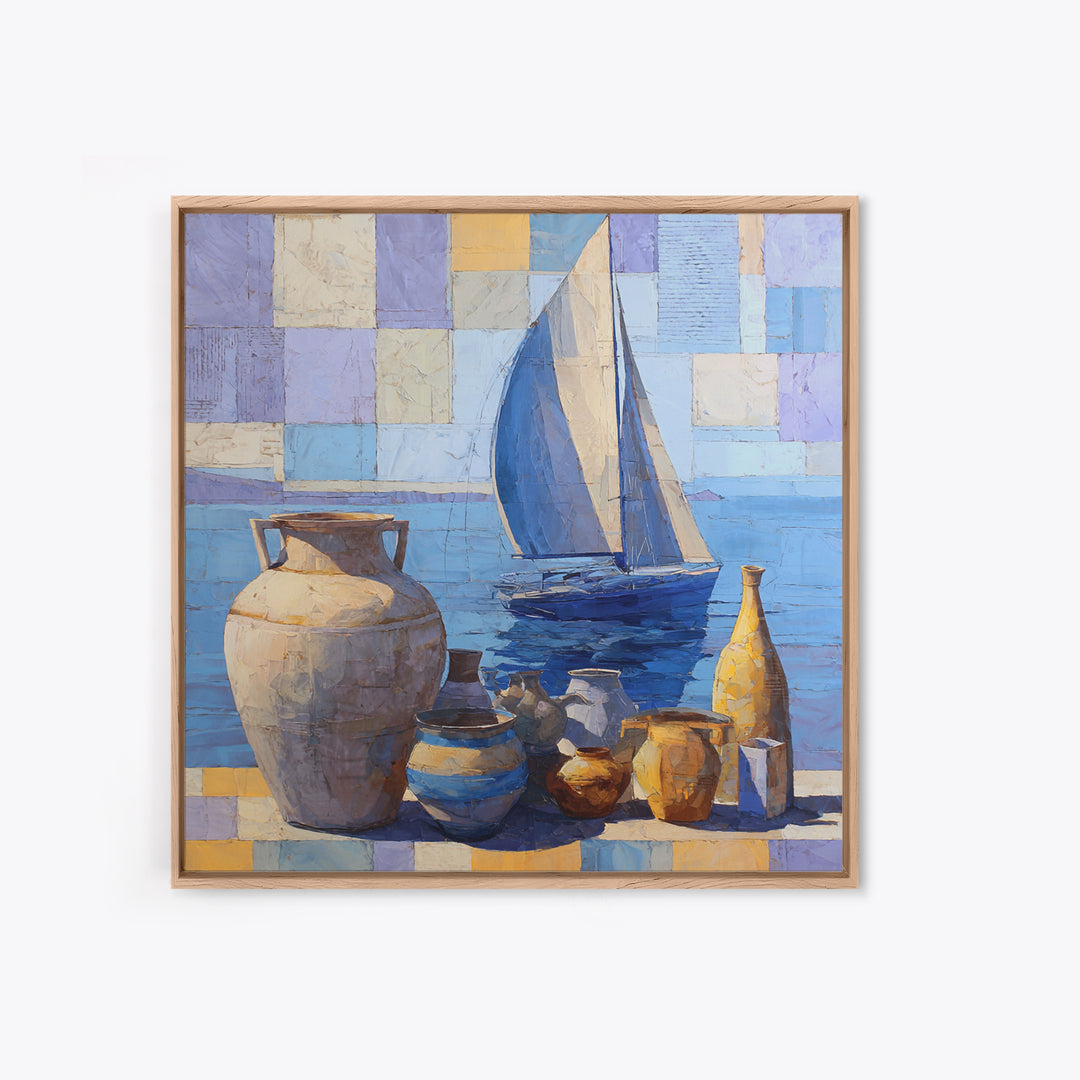 Mediterranean Sailboat on Glassy Water Framed Canvas Print, Mediterranean Art, Watercolor Art, Living Room Decor, Abstract Art, MAR-1x1-42
