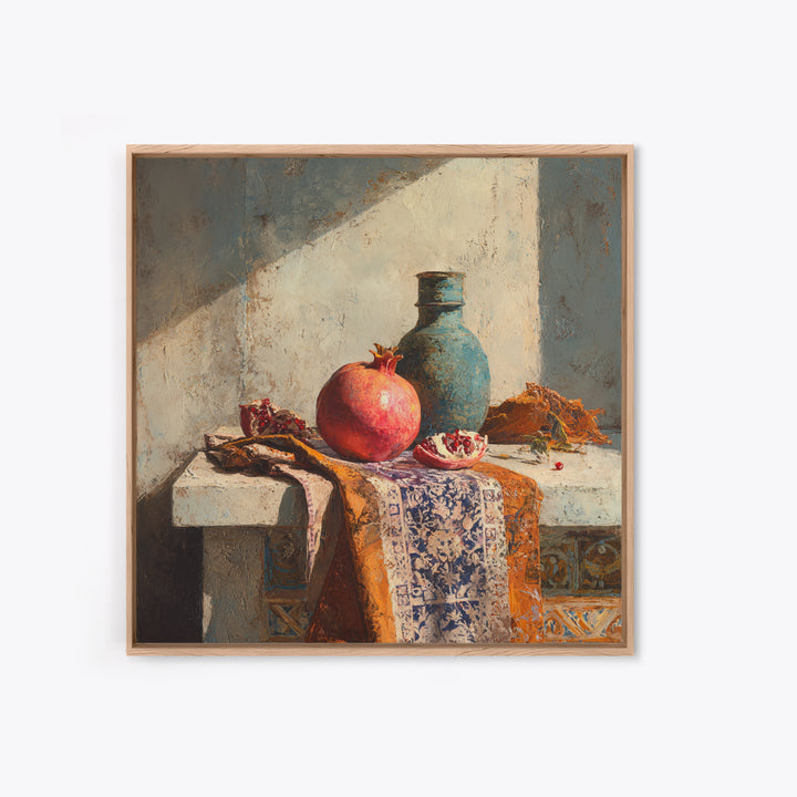 Pomegranate Still Life Framed Canvas Print, Mediterranean Art, Digital Art Prints, Living Room Decor, Oil Painting, Azure, MAR-1x1-43