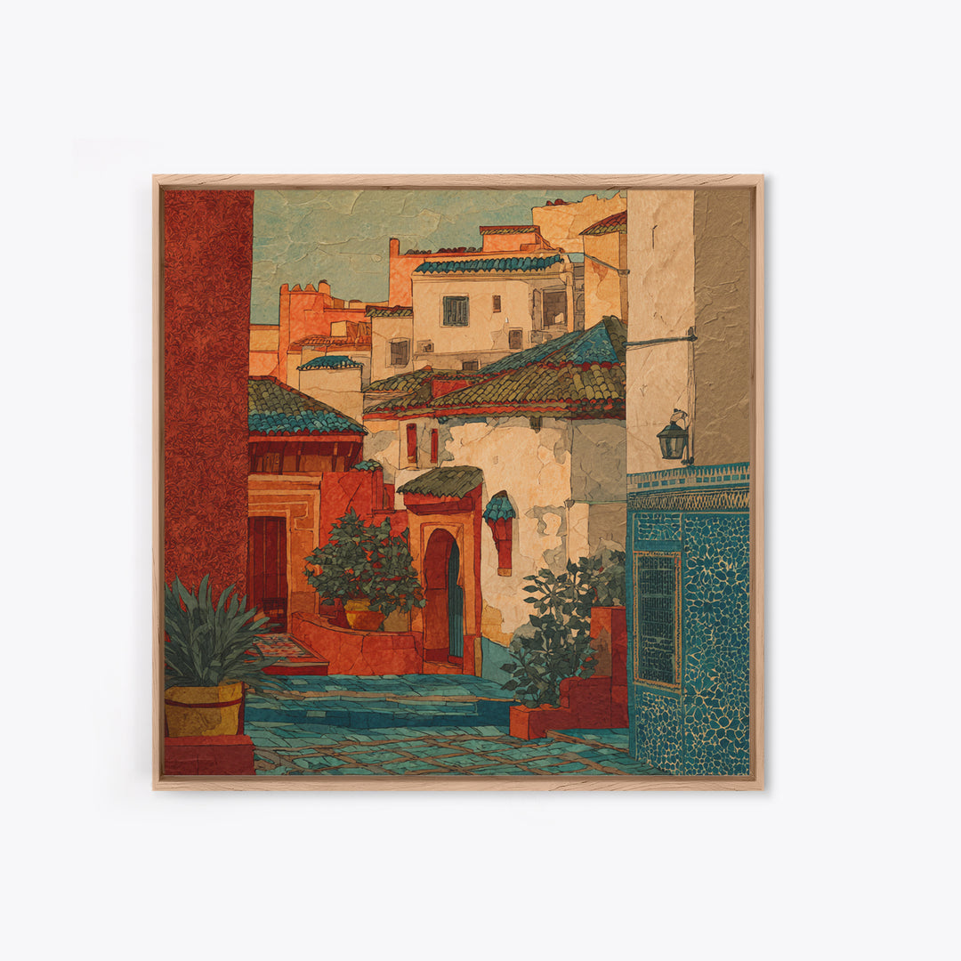 Sunset over Red Tiled Rooftops Framed Canvas Print, Mediterranean Art, Watercolor Painting, Living Room Decor, Fine Art, Azure, MAR-1x1-47