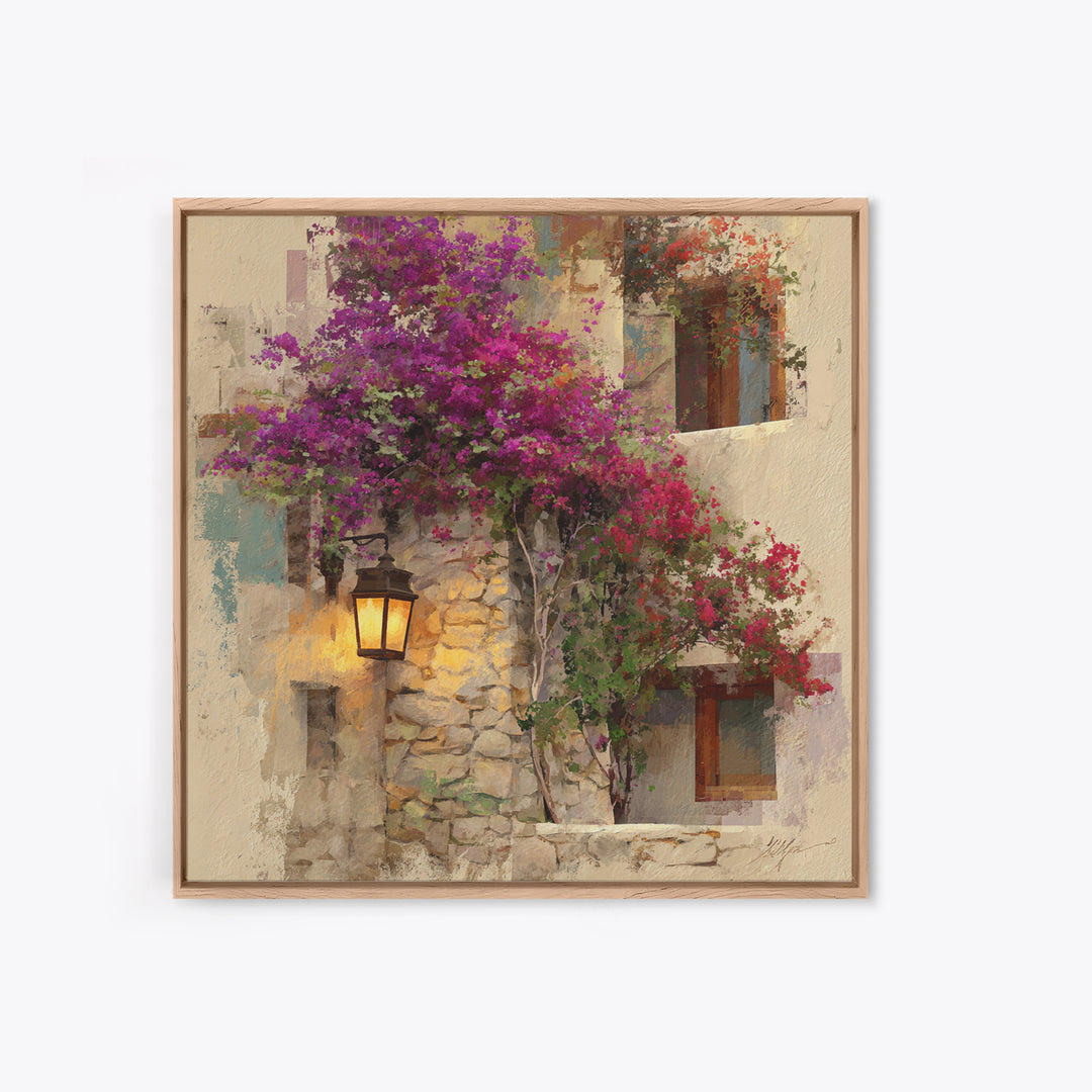 Bougainvillea Cascading over Stone Wall Canvas Print, Mediterranean Art, Landscape Painting, Living Room Decor, Fine Art, Azure, MAR-1x1-5