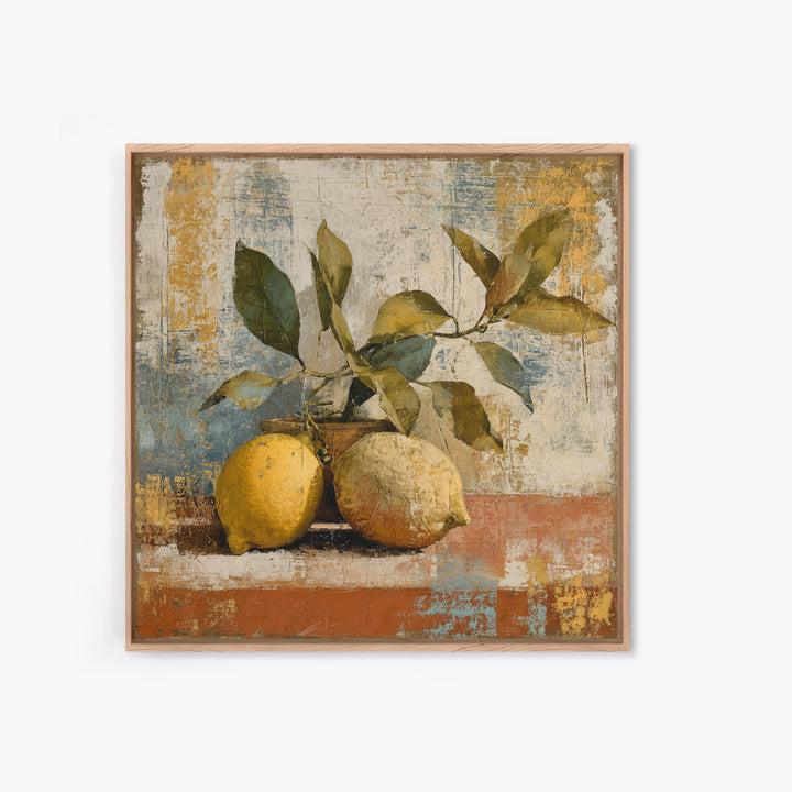 Olive Branch and Lemons on Terracotta Ground Canvas Print, Mediterranean Art, Minimalist Wall Art, Living Room Decor, Azure, MAR-1x1-50
