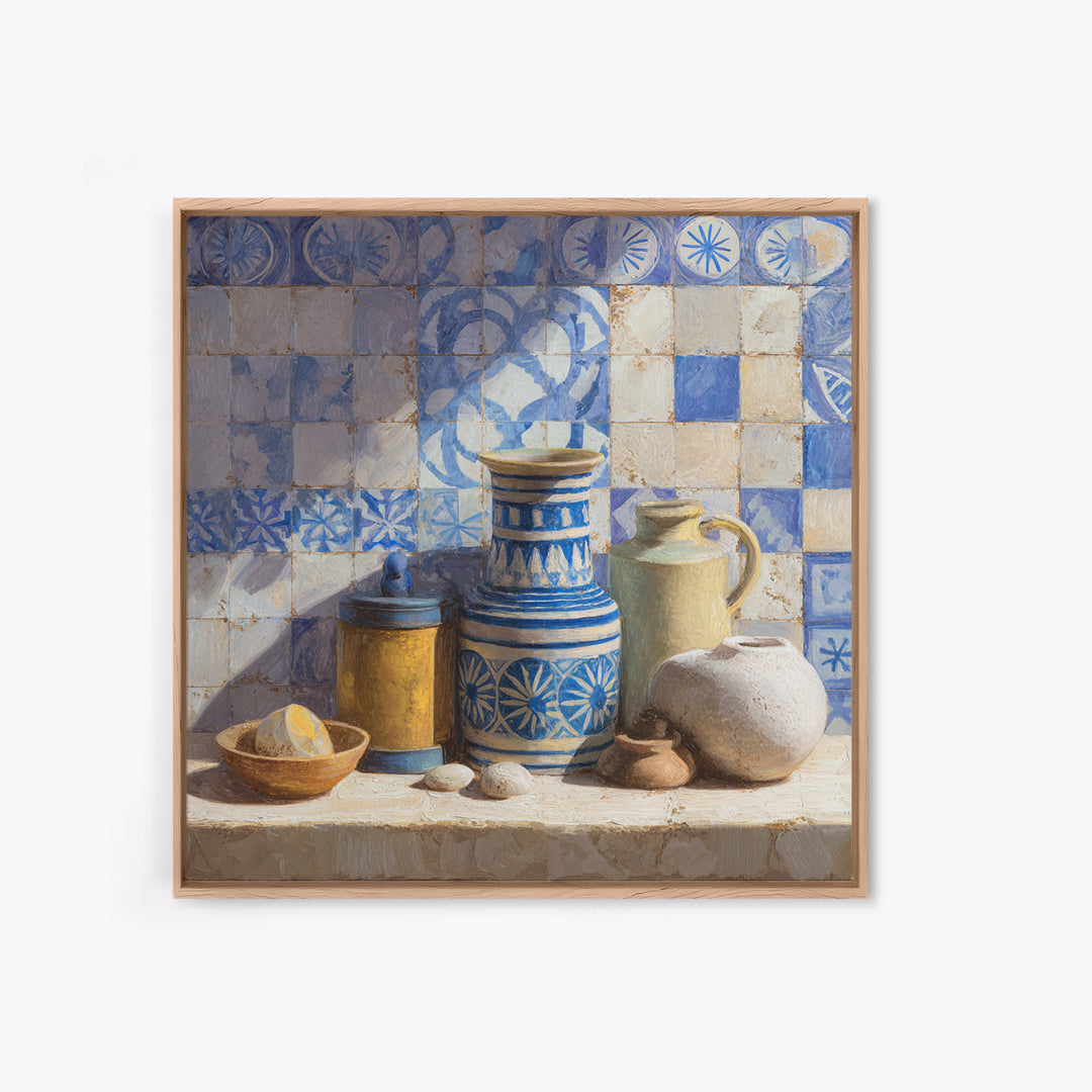 Blue and White Tile Pattern Framed Canvas Print, Mediterranean Art, Watercolor Art, Living Room Decor, Fine Art, Azure, MAR-1x1-52