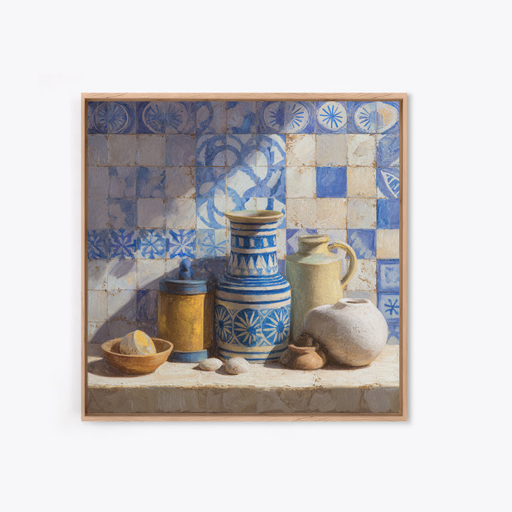 Blue and White Tile Pattern Framed Canvas Print, Mediterranean Art, Watercolor Art, Living Room Decor, Fine Art, Azure, MAR-1x1-52