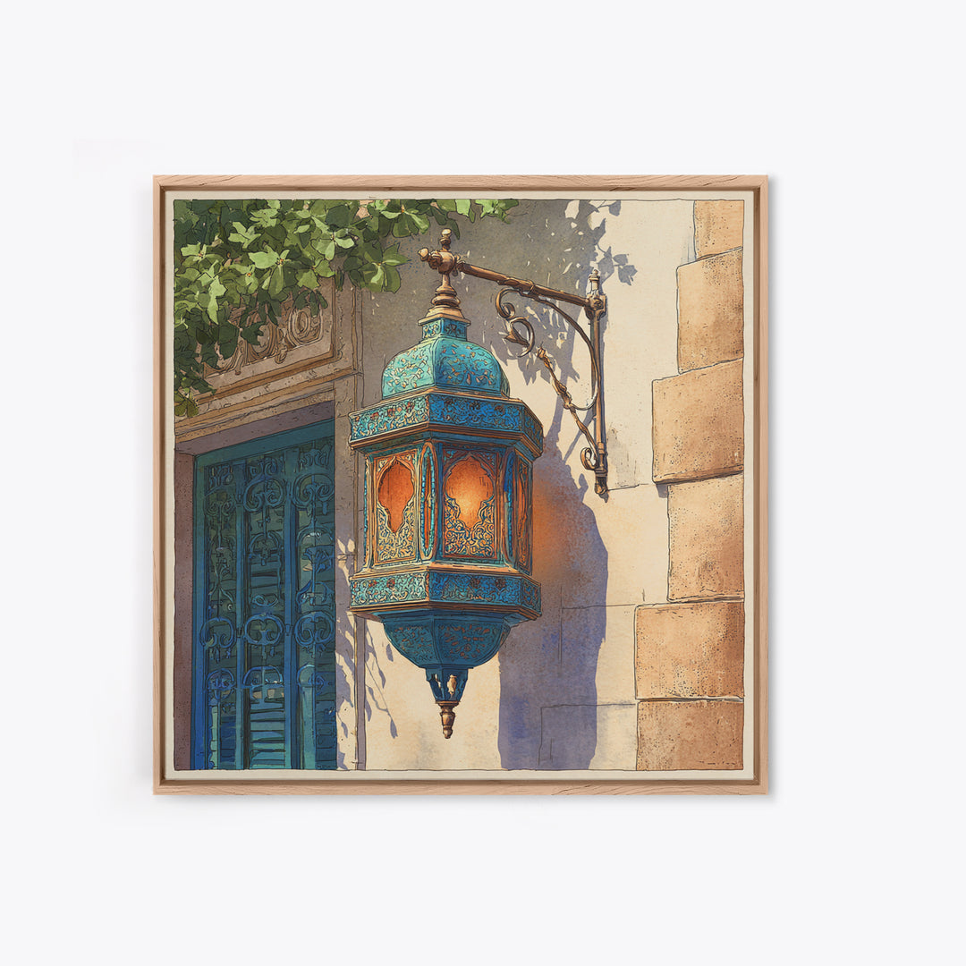 Moroccan Influenced Lantern Framed Canvas Print, Mediterranean Art, Living Room Art, Living Room Decor, Abstract Art, Azure, MAR-1x1-57