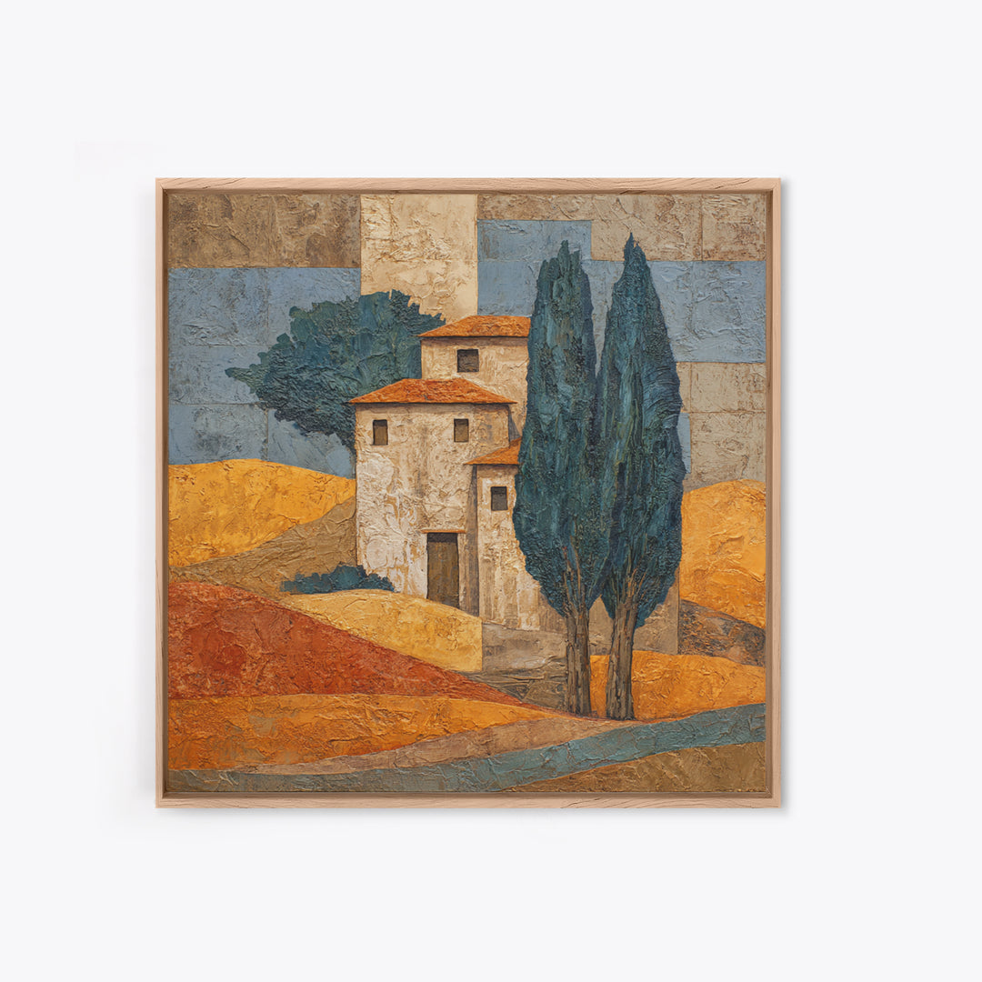 Tuscan Cypress Trees and Golden Hillside Canvas Print, Mediterranean Art, Nautical Decor, Living Room Decor, Azure, MAR-1x1-6
