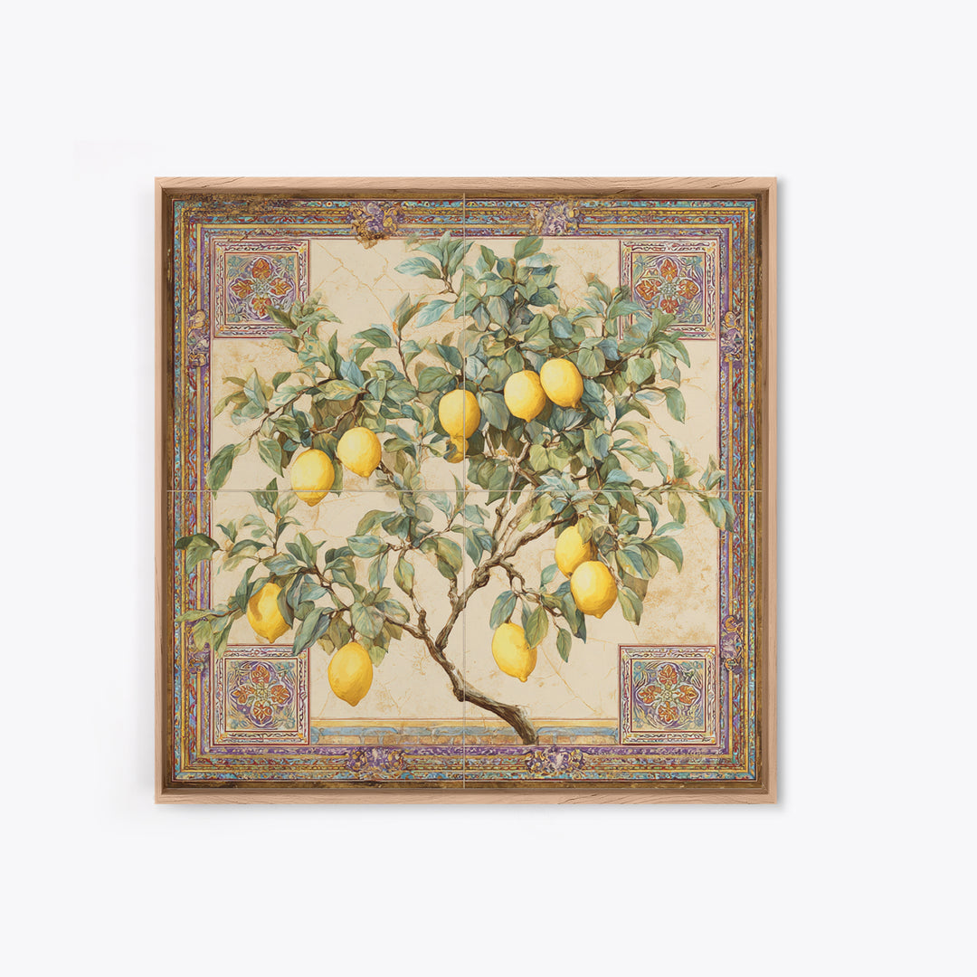 Sicilian Lemon Branch on Ivory Background Framed Canvas Print, Mediterranean Art, Gallery Wall Art, Living Room Decor, Azure, MAR-1x1-61