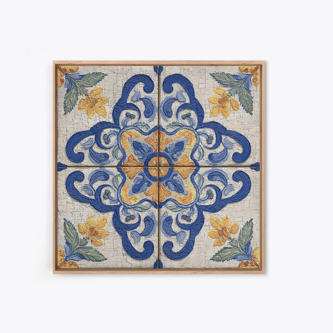 Spanish Tile Ornament Framed Canvas Print, Mediterranean Art, Coastal Wall Art, Living Room Decor, Azure, Living Room Art, MAR-1x1-64