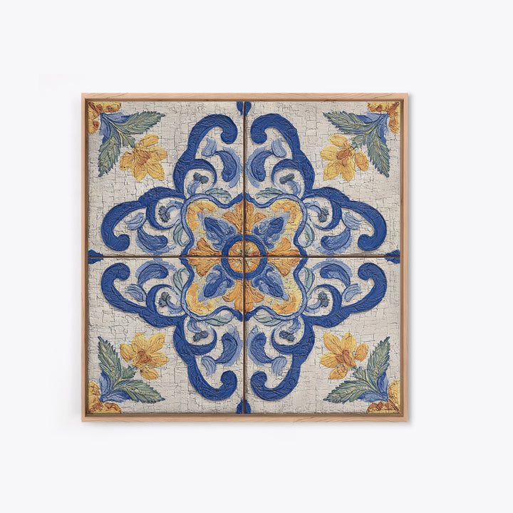 Spanish Tile Ornament Framed Canvas Print, Mediterranean Art, Coastal Wall Art, Living Room Decor, Azure, Living Room Art, MAR-1x1-64