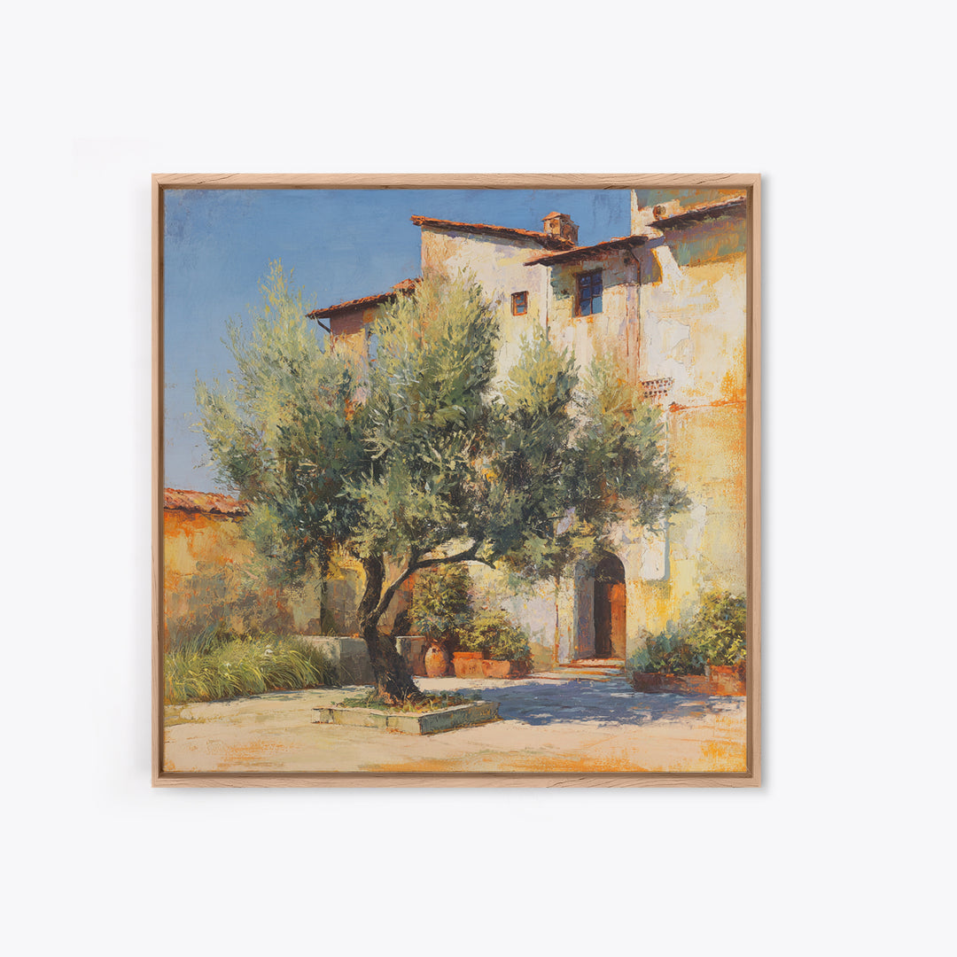Olive Grove under Pale Morning Light Framed Canvas Print, Mediterranean Art, Landscape Wall Art, Living Room Decor, Azure, MAR-1x1-65