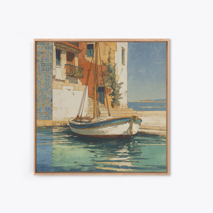 Mediterranean Sailboat on Glassy Water Framed Canvas Print, Mediterranean Art, Watercolor Art, Living Room Decor, Abstract Art, MAR-1x1-66