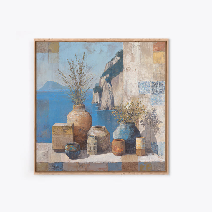Coastal Cliffs with Sparkling Blue Water Framed Canvas Print, Mediterranean Art, Landscape Painting, Living Room Decor, Azure, MAR-1x1-68