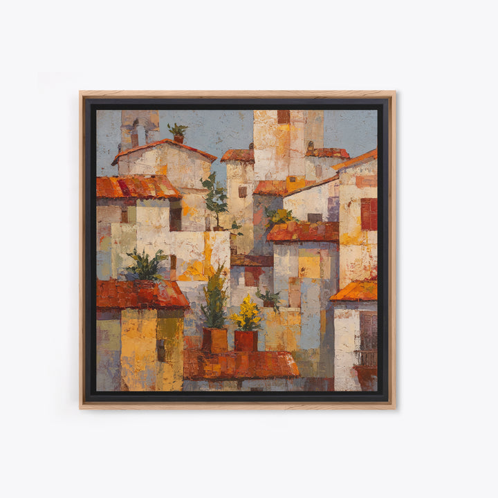 Sunset over Red Tiled Rooftops Framed Canvas Print, Mediterranean Art, Gallery Wall Art, Living Room Decor, Fine Art, Azure, MAR-1x1-71