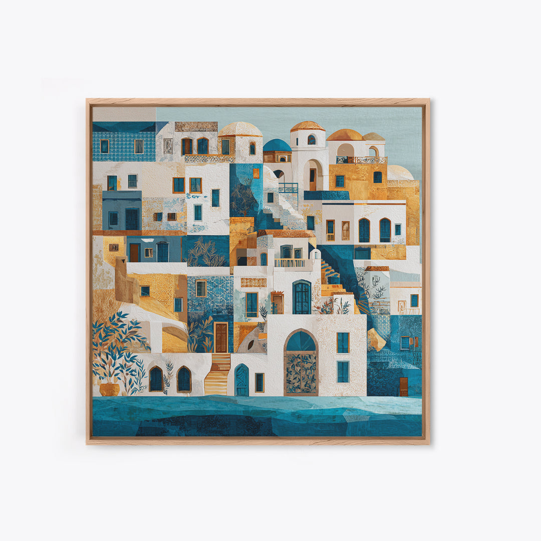 Greek Island White Buildings Above Blue Sea Canvas Print, Mediterranean Art, Neutral Decor, Living Room Decor, Azure, MAR-1x1-73