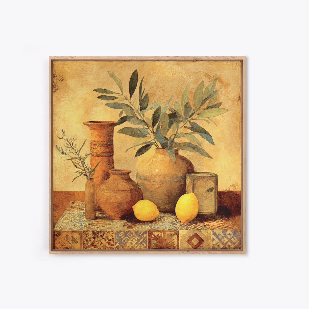 Olive Branch and Lemons on Terracotta Ground Canvas Print, Mediterranean Art, Downloadable Art, Living Room Decor, Azure, MAR-1x1-74