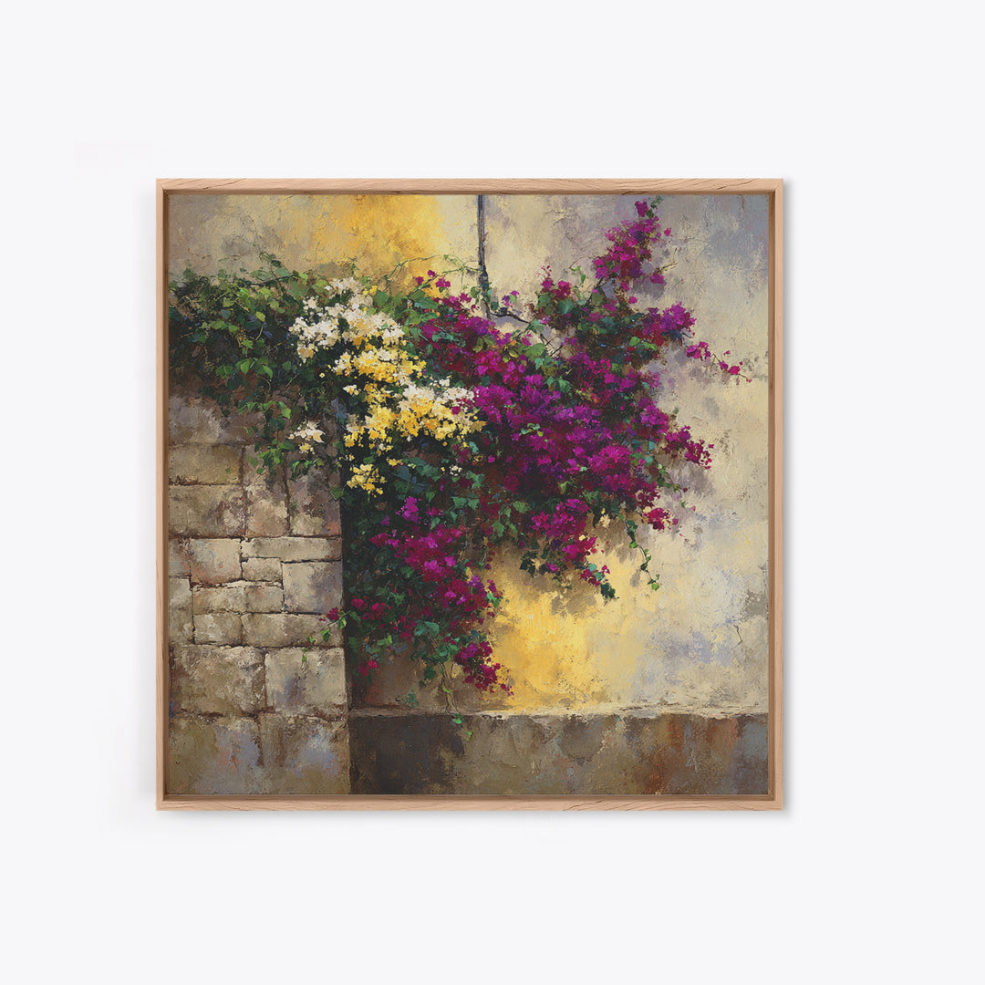 Bougainvillea Cascading over Stone Wall Canvas Print, Mediterranean Art, Modern Decor, Living Room Decor, Fine Art, Azure, MAR-1x1-77