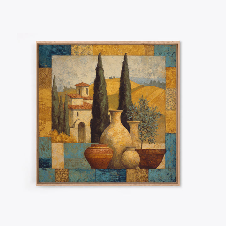 Tuscan Cypress Trees and Golden Hillside Framed Canvas Print, Mediterranean Art, Beach Prints, Living Room Decor, Azure, MAR-1x1-78