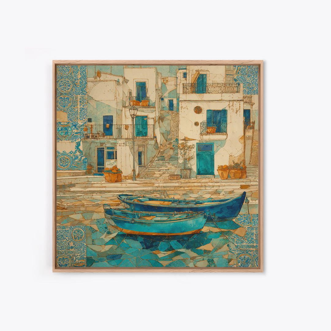 Coastal Fishing Boats Framed Canvas Print, Mediterranean Art, Wall Decor, Living Room Decor, Oil Painting, Azure, MAR-1x1-79