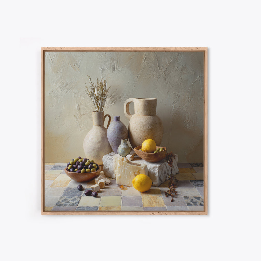 Figs Olives and Cheese Still Life Framed Canvas Print, Mediterranean Art, Printable Art, Living Room Decor, Fine Art, Azure, MAR-1x1-8